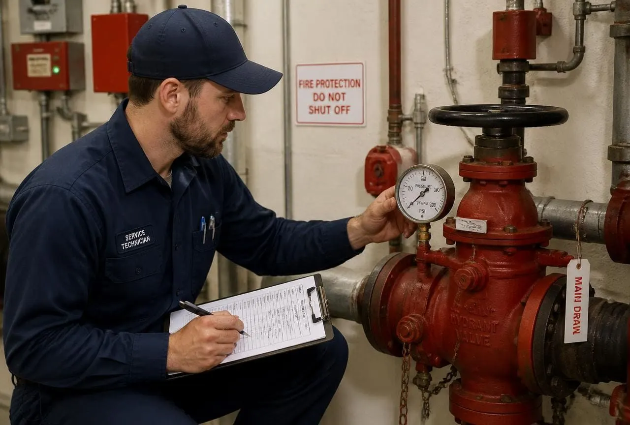 Service technician inspecting a fire hydrant valve and pressure gauge with an inspection checklist
