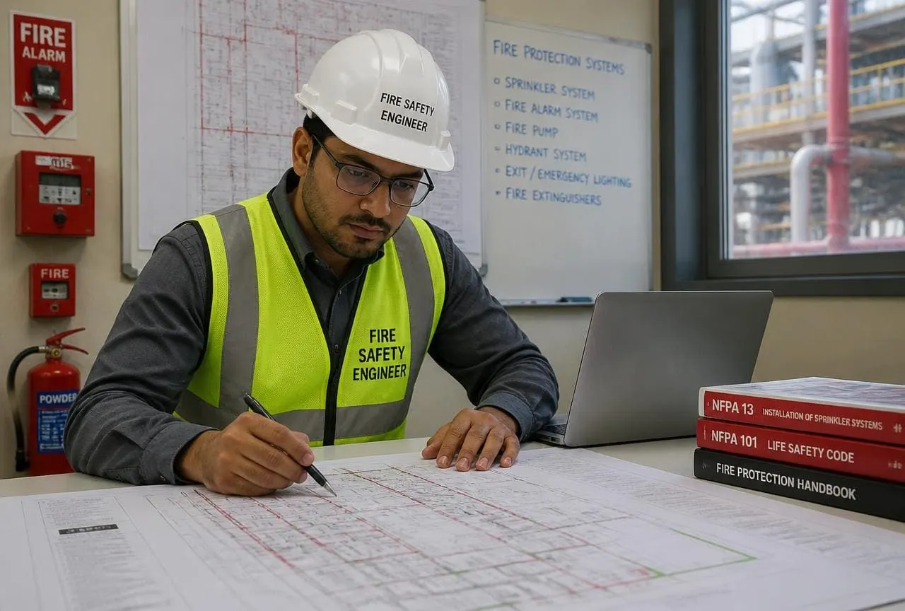 Fire safety engineer reviewing fire protection layout drawings at an industrial site office