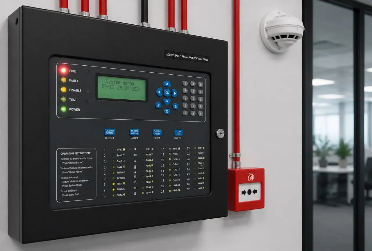 Addressable fire alarm control panel with smoke detector installed in a commercial building