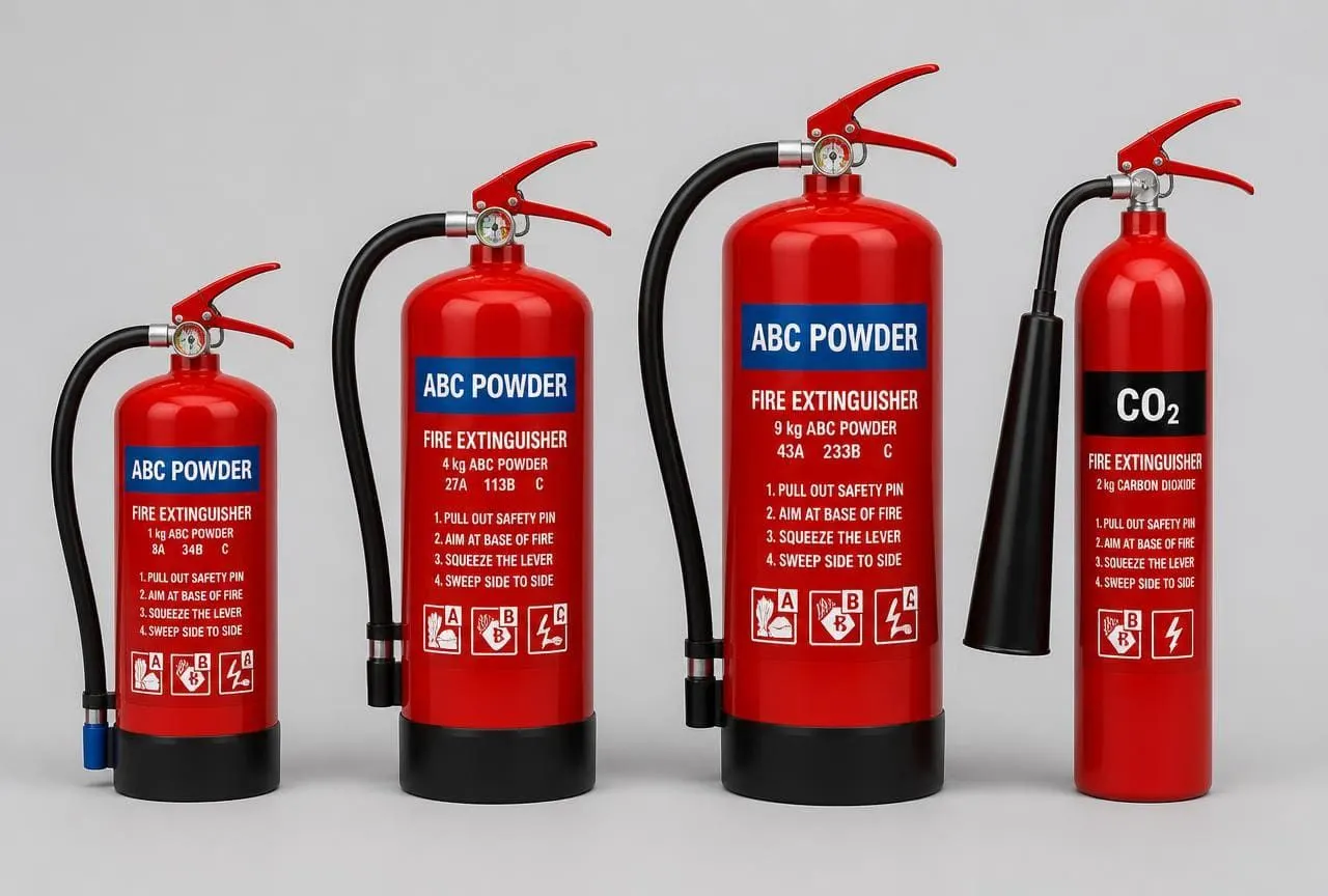 Row of red ABC dry powder and CO2 fire extinguishers on a clean studio background
