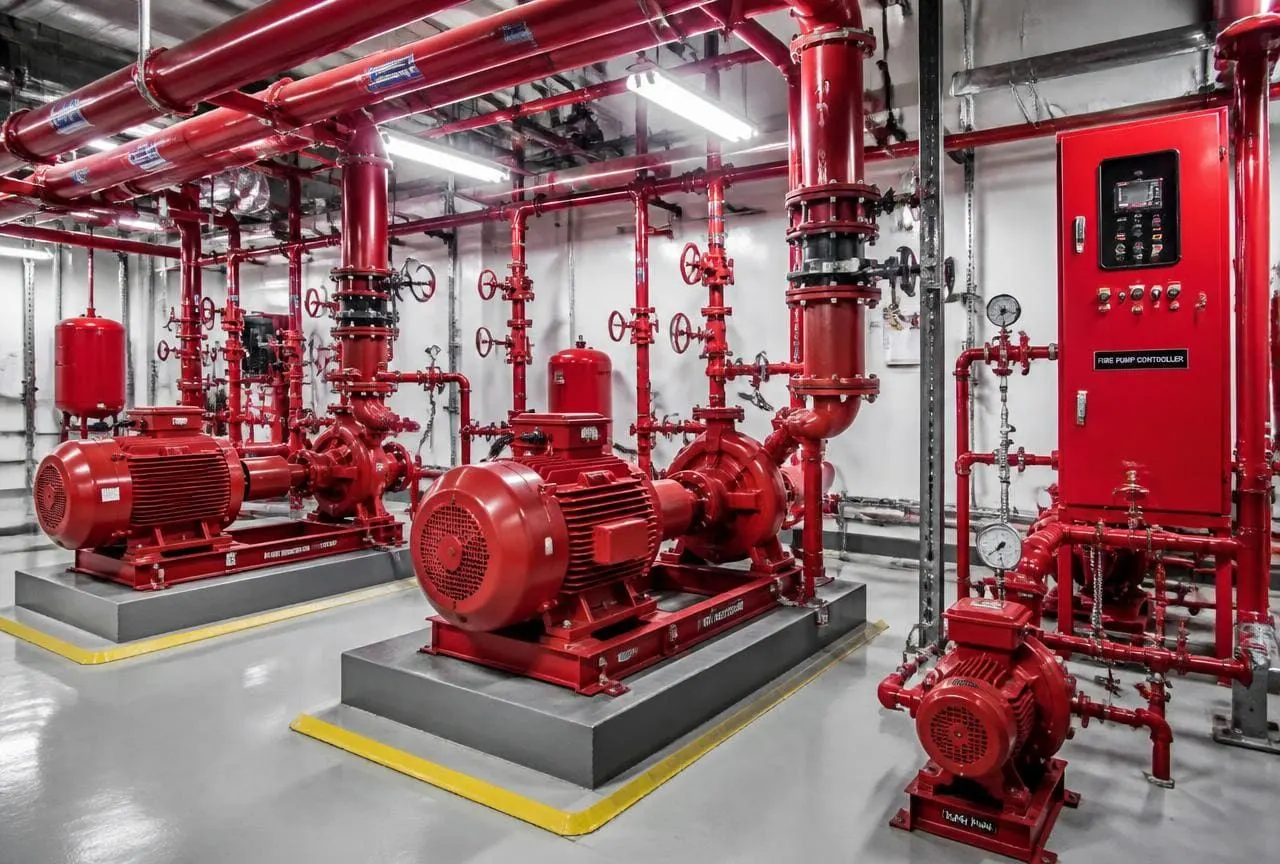 Red fire pump sets, valves and a fire pump controller panel in a building's fire pump room