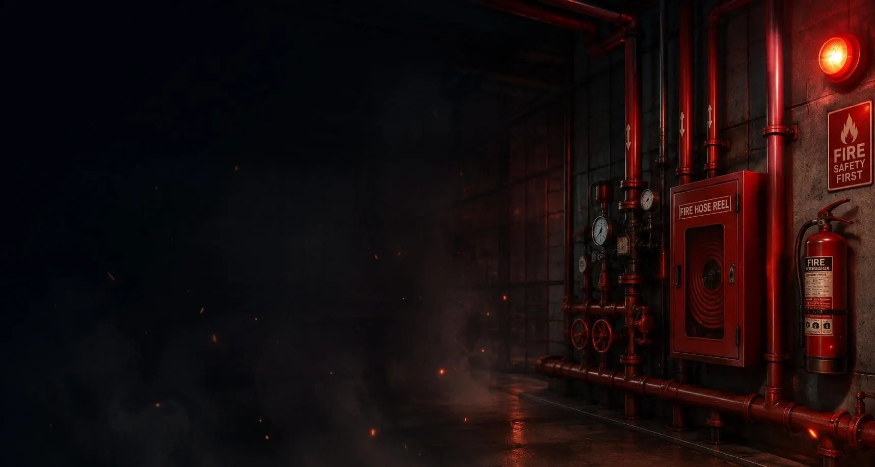 Red fire hose reel cabinet, extinguisher and hydrant pipework installed along an industrial wall