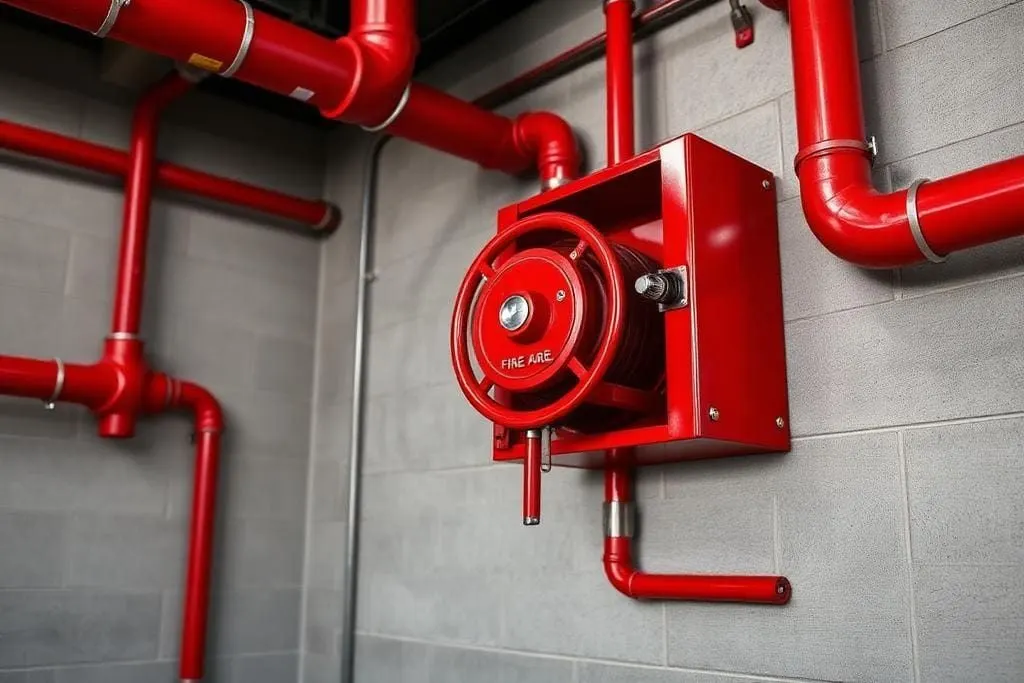 Red fire hose reel cabinet mounted beside red hydrant pipework in an industrial building