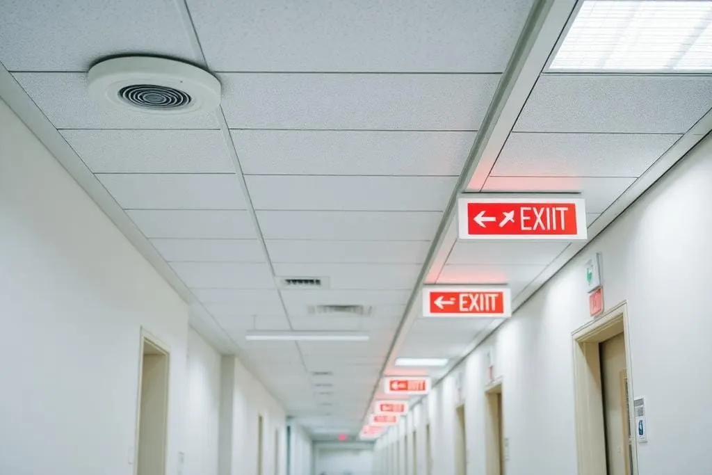 Hospital corridor with ceiling detection devices and emergency exit signage