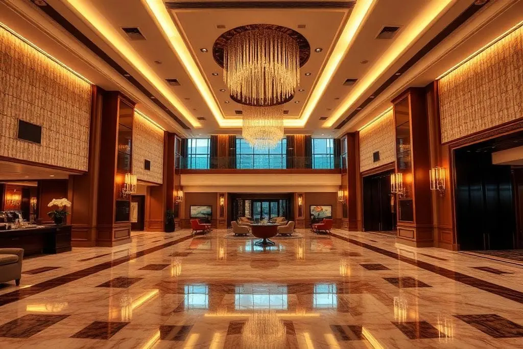 Upscale hotel lobby with concealed ceiling sprinklers