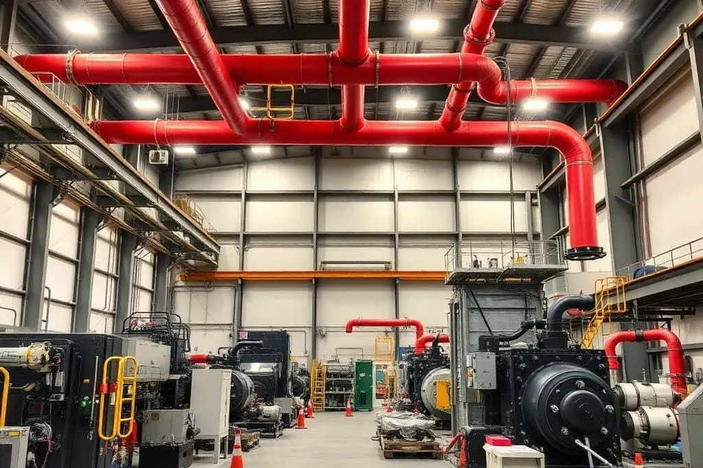 Industrial plant interior with overhead red fire protection piping