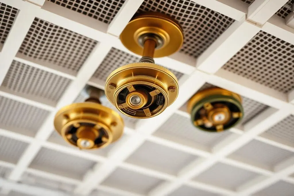 Brass fire sprinkler heads installed on the ceiling grid of a modern commercial interior