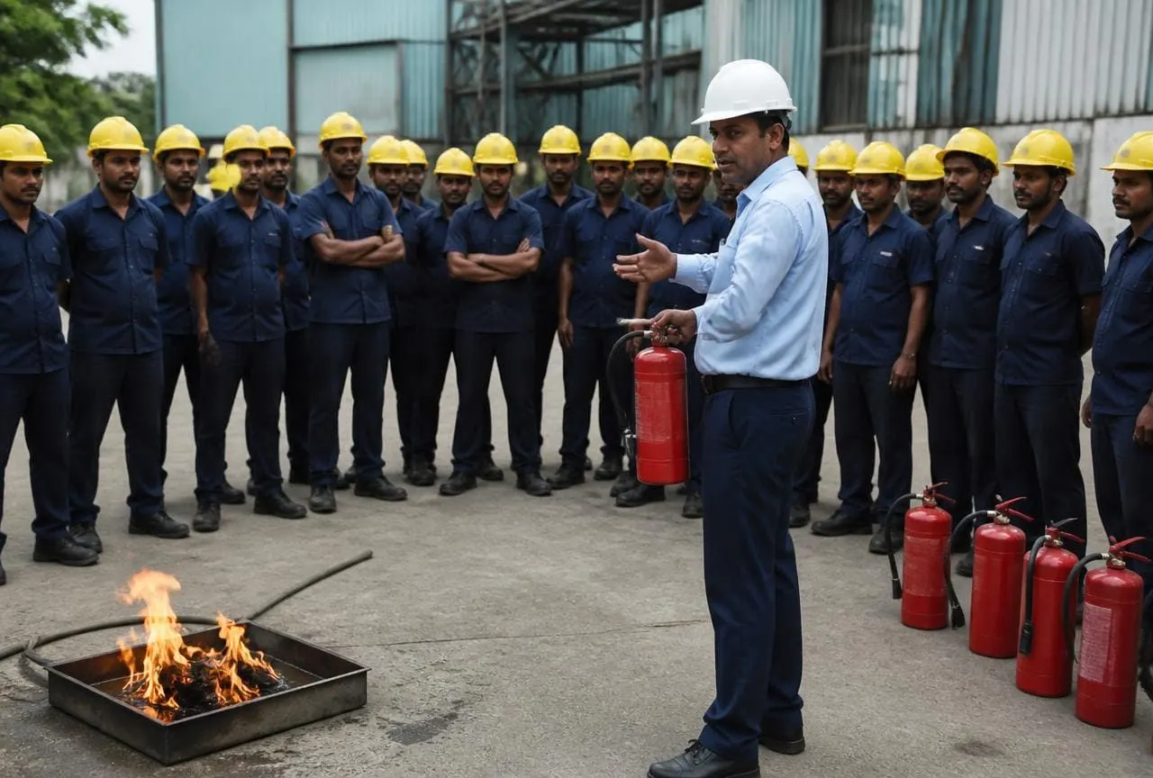 Instructor demonstrating fire extinguisher use to employees during an on-site fire safety mock drill